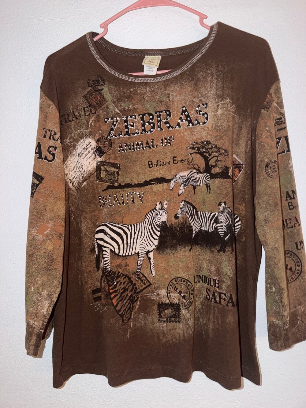Vintage Jess and Jane Brown Zebra Graphic Print Rhinestone Embellished Tee XL